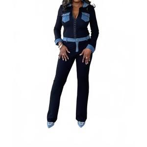 NEW NO VACANCY yours truly denim contrast pant set in black/denim